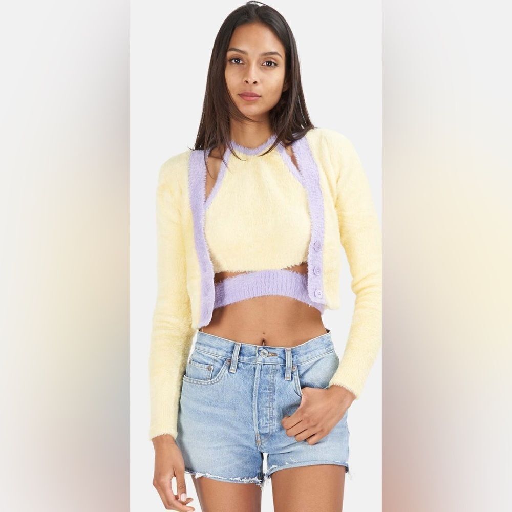 NWT For Love & Lemons Women’s Stella Yellow Purple Cropped Cardigan Sweater - L - Picture 6 of 10